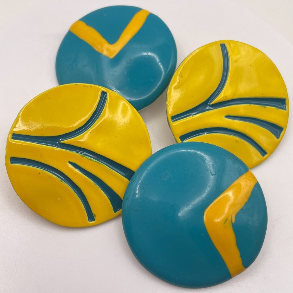 Vintage Y2K Yellow Teal Enamel Round Clip-On Post Earrings Set 2 PC Classic